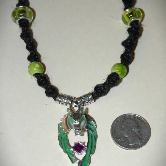 Dynamic Glow in the Dark Green Gothic Wolf on a 19" Black Hemp Handmade Necklace - Picture 4 of 5